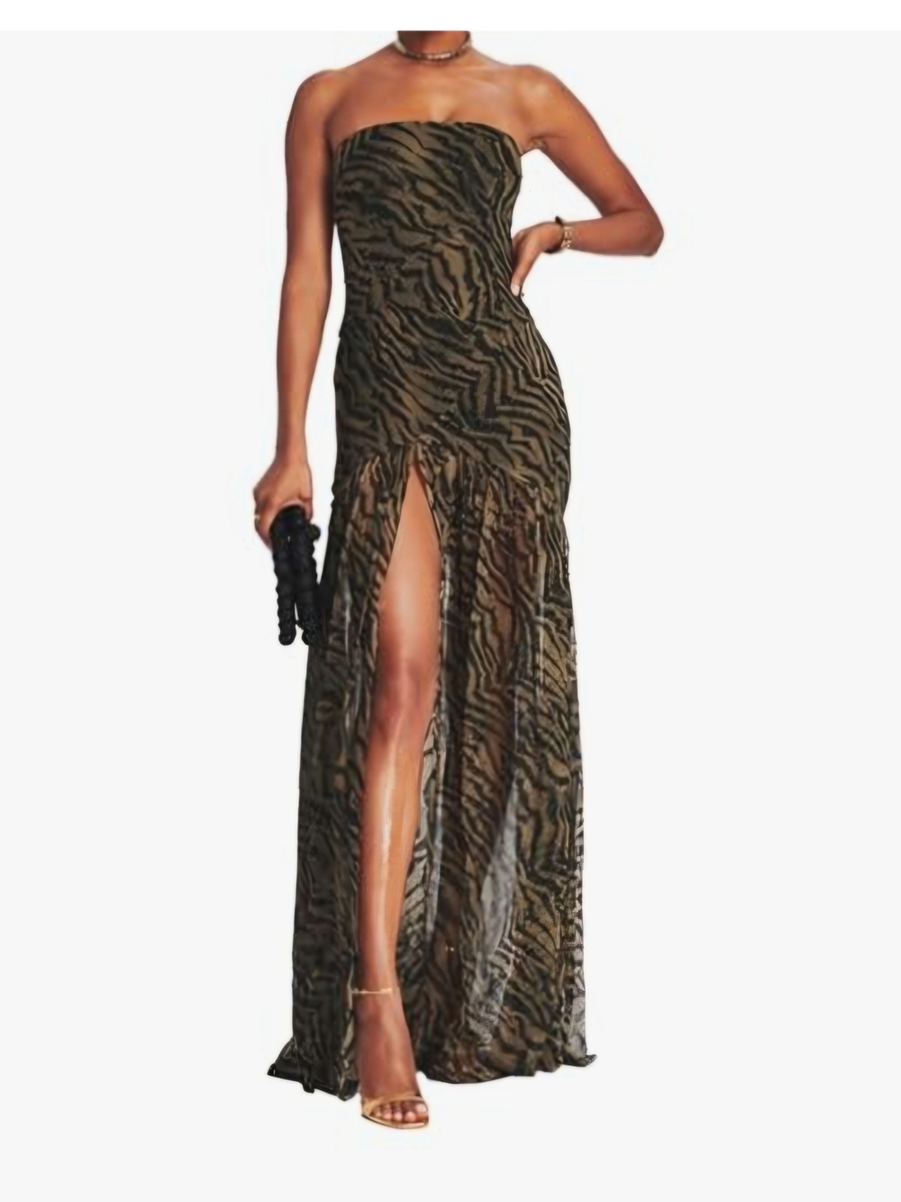 Strapless Zebra-Print Maxi Dress with Front Slit